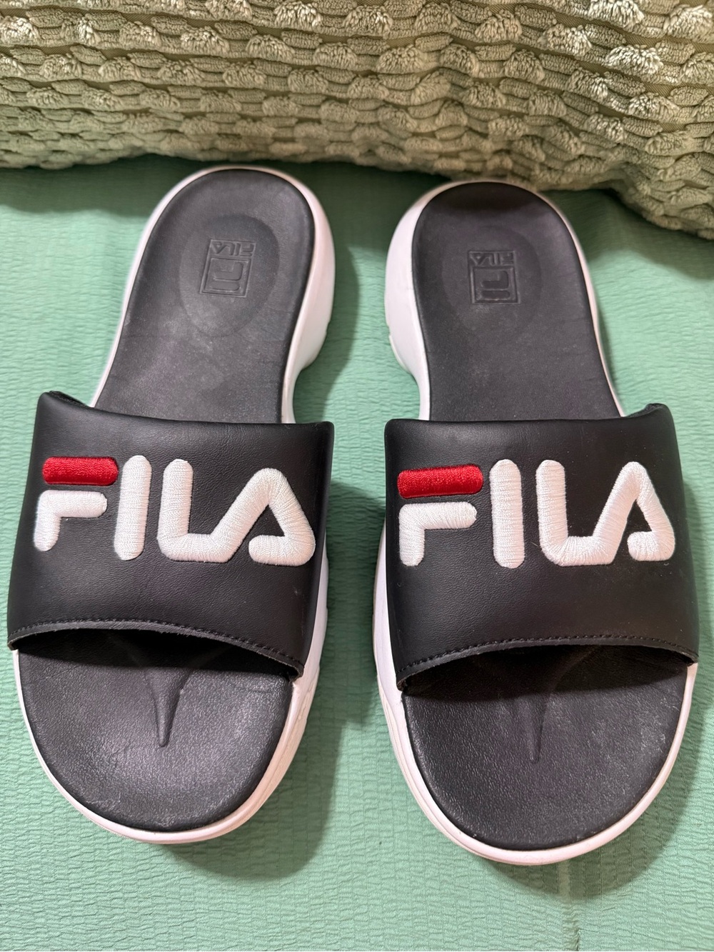 Fila Black Slide Sandals with White & Red Logo